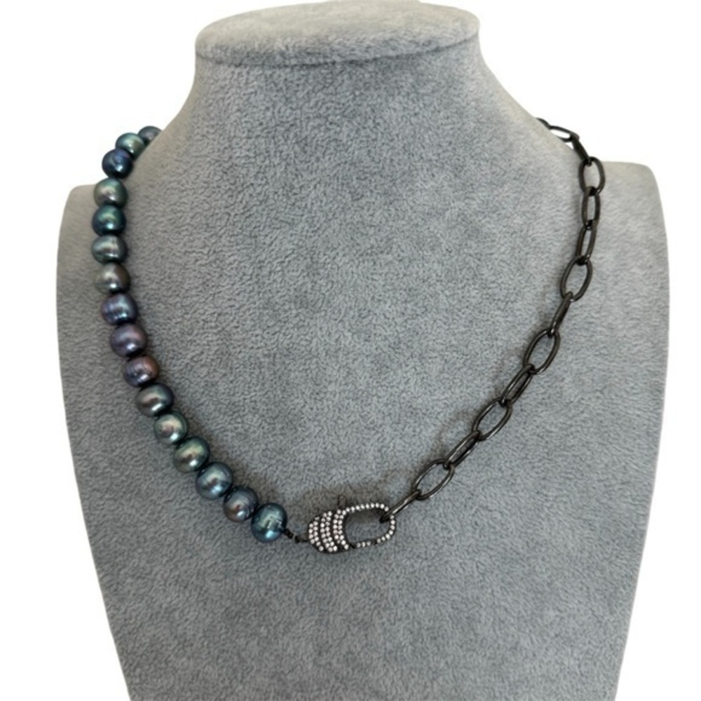 Gray Pearl Black Sterling Silver Metal Chain Diamond Necklace NEW